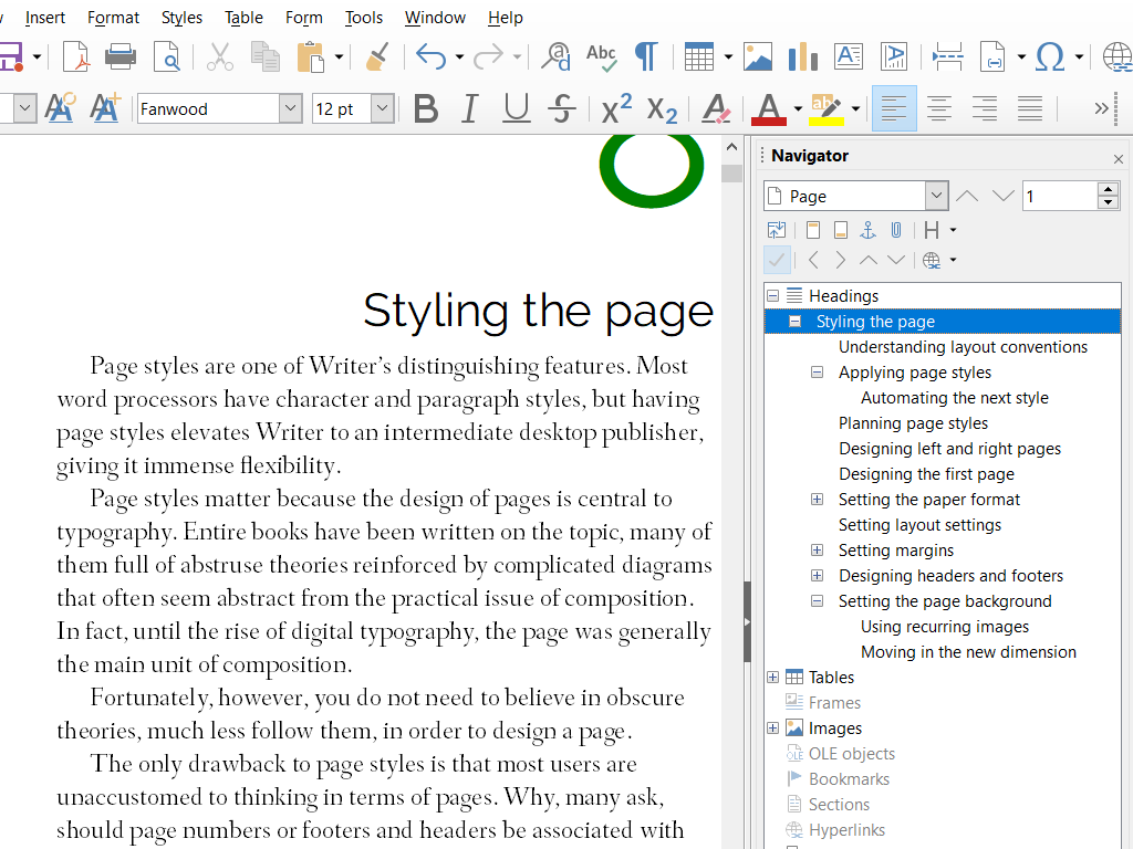 Screenshot der Textverarbeitung LibreOffice Writer mit geöffnetem Dokument