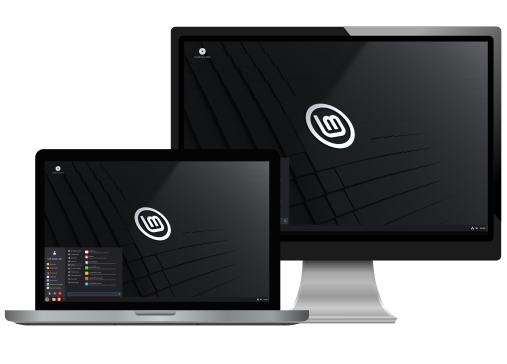 Linux-Mint-Oberfläche auf einem Notebook und einem Desktop-Bildschirm
