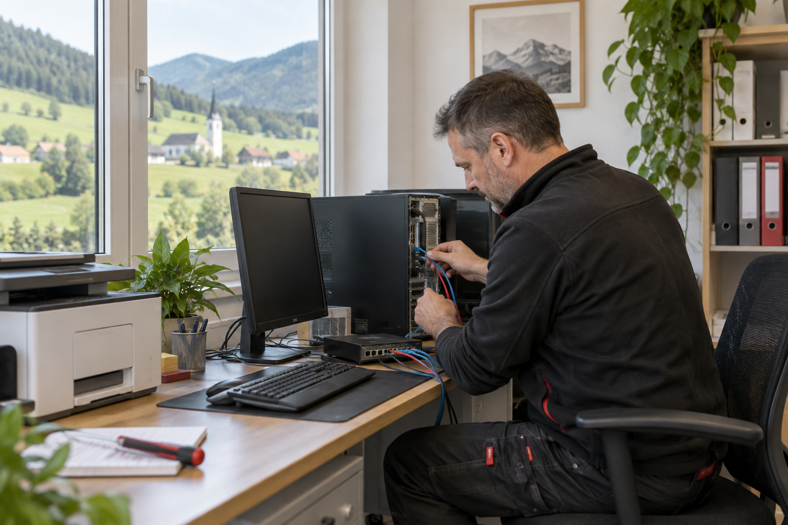 IT-Techniker beim Vor-Ort-Service an einem Computerarbeitsplatz